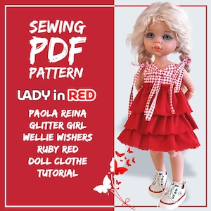 Könnte beinhalten: Eine Puppe in einem roten Stufenkleid mit Vichy-Karomieder und weißen Turnschuhen. Das Bild enthält den Text "SEWING PDF PATTERN LADY in RED" und listet Puppenmarken auf. Schmetterlinge sind um die Puppe verstreut.