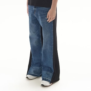 patchwork pants, combination of denim and knitted fabric, mid-rise, wide, relaxed fit, recycled denim, upcycled clothes, vintage clothing