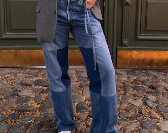 Jean patchwork bleu, jean personnalisé, taille mi-haute, droit, coupe décontractée, denim patchwork, denim recyclé, vêtements recyclés, vêtements vintage