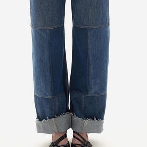 blue patchwork jeans, custom jeans, mid-rise, wide, relaxed fit, patchwork denim, recycled denim, upcycled clothes, vintage clothing