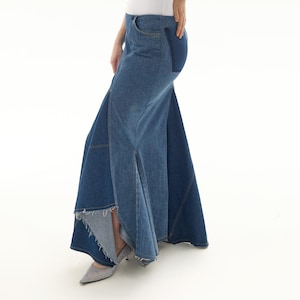 Maxi Denim Skirt, Upcycled clothing, Patchwork, Asymmetric, Mermaid-like hem, Mid-rise, deconstructed lines, recycled denim