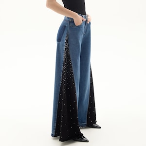 Upcycled Patchwork Flare Jeans: Rhinestone Knit Panels, Recycled Denim