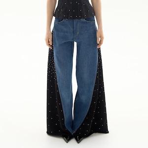 Blue Jeans, Patchwork Jeans, Upcycled Jeans, Upcycled Clothing, Wide Leg, Mid-rise, Flare from the hips, Jeans with Rhinestones