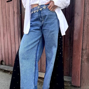 Upcycled Jeans, Upcycled denim, Patchwork Jeans, Flare Jeans, mid-rise, Black knitted side Panels with Rhinestones, Rhinestone Jeans