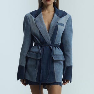 lightweight denim jacket, tailored fit, belted waist, structured shoulders, patchwork denim, upcycled denim, upcycled clothing