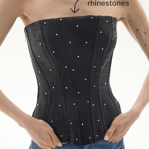 strapless corset top with rhinestones, longline jean top, black denim, steel boned, lined, upcycled denim, upcycled clothes