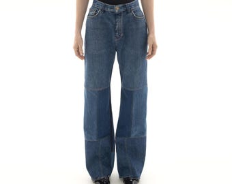 Jean en denim upcyclé patchwork : jambe large, bleu vintage