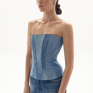 Denim corset top, Upcycled clothes, Patchwork bustier top, Jean corset with RHINESTONE, Sleeveless, Steel boned, Lined, recycled denim