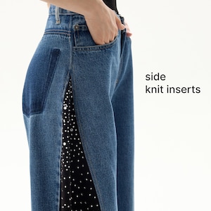 Jeans with rhinestones, black knitted side panels, mid-rise, flare from the hips, patchwork denim, recycled denim, upcycled clothes