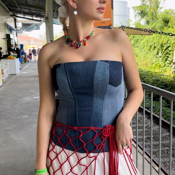Patchwork Denim Corset, Upcycled Denim Clothes, Blue Denim Top