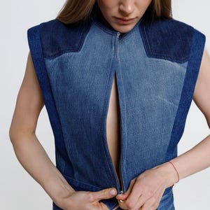 Womens denim vintage vest, recycled custom denim jacket, upcycled patchwork denim, embroidered vintage clothing