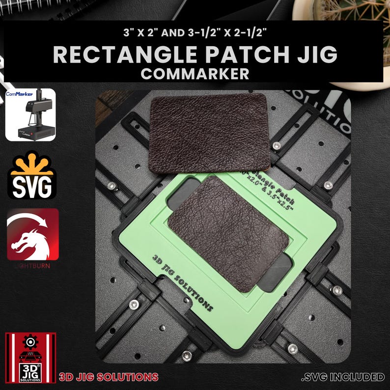 ComMarker hat patch laser engraving jig, showcasing laser template for rectangle leather hat patches using rectangle laserable leatherette, SVG files included.