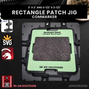 ComMarker hat patch jig, demonstrating accurate laser engraving on rectangle leather hat patch surfaces, SVG files included.