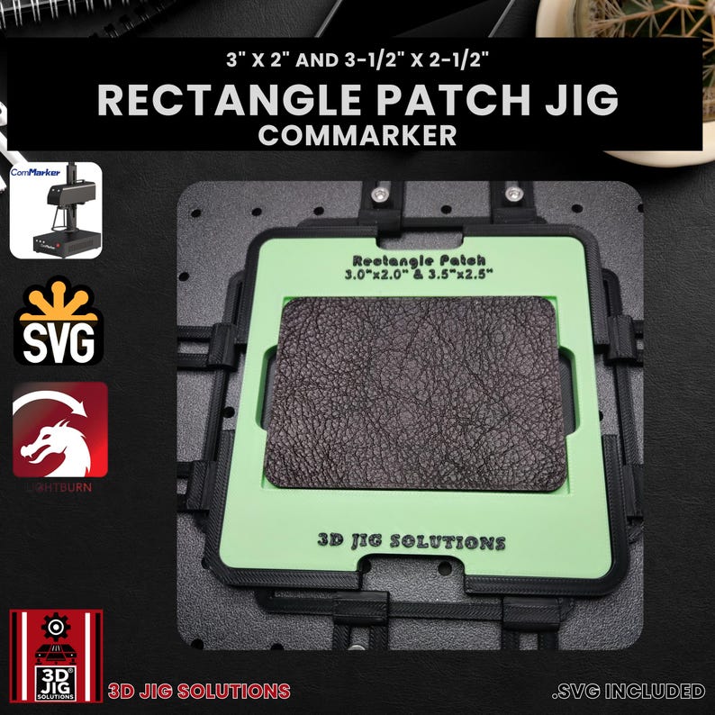 ComMarker hat patch jig, demonstrating accurate laser engraving on rectangle leather hat patch surfaces, SVG files included.