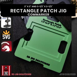 ComMarker hat patch jig, showing the process of laser engraving on a rectangle leather hat patch surface, SVG files included.