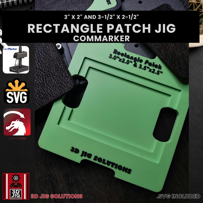 ComMarker hat patch jig, showing the process of laser engraving on a rectangle leather hat patch surface, SVG files included.