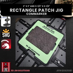 Hat patch jig for ComMarker laser engravers, designed for engraving rectangle leather hat patches from rectangle laserable leatherette, SVG files provided.
