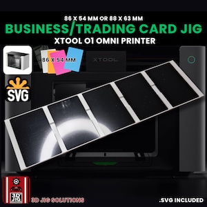 May include: A black business and trading card jig for the xTool O1 Omni printer, featuring four rectangular slots. The jig includes text labels 86 x 54 mm or 88 x 63 mm, and 86 x 54 mm. The design includes an SVG logo and 3D JIG SOLUTIONS branding.