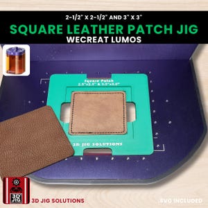May include: A square leather patch jig with the text "SQUARE LEATHER PATCH JIG" and "WECREAT LUMOS". The jig is green and purple, with a brown leather patch in the center. The dimensions are 6.35cm x 6.35cm and 7.62cm x 7.62cm.