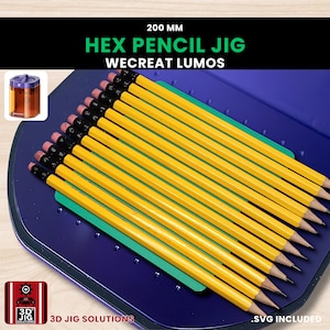 May include: Yellow pencils with black tips and pink erasers are arranged on a blue surface. The text "HEX PENCIL JIG" and "WECREAT LUMOS" is displayed. The pencils are 200 mm in length.