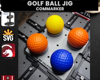 May include: A 3D printed jig for holding table tennis and golf balls. The jig is made of black plastic and has a gray surface. There are four holes in the jig, each of which is designed to hold a ball. The jig is shown with three balls: a yellow table tennis ball, an orange golf ball, and a blue golf ball. The jig is labeled "3D Jig Solutions" and "SVG Included".