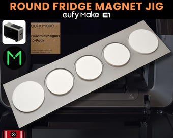 May include: A gray jig with five white round fridge magnets. The text on the image reads "ROUND FRIDGE MAGNET JIG" and "3D JIG SOLUTIONS". The magnets are 50 x 50 mm and 57 x 57 mm. The image also includes a box of ceramic magnets.