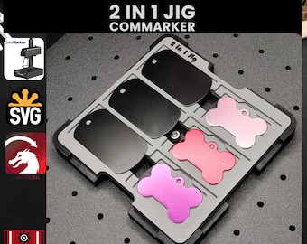 May include: A gray plastic jig with cutouts for making dog tags and bone-shaped pet tags. The jig is designed to be used with a ComMarker machine. The image includes the text "2 in 1 Jig Commarker" and ".SVG Included".