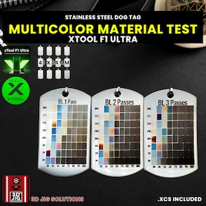 Échantillons de test de couleur xTool F1 Ultra - Test de gravure multicolore laser à lumière bleue sur des plaques d'identité en acier inoxydable, modèle de passes multiples