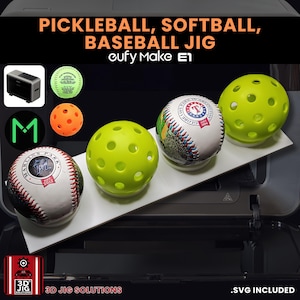 May include: A display of sports equipment including a baseball, softball, and pickleball. The baseball has red stitching and a team logo. The pickleball is lime green with holes. The text on the image reads "PICKLEBALL, SOFTBALL, BASEBALL JIG" and "3D JIG SOLUTIONS".