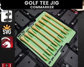 May include: A 3D printed jig for holding golf tees in place. The jig is black and has a green insert with slots for the tees. The jig is labeled "Golf Tee L 1-1/2" 2-3/4", 3.414" and "3D Jig Solutions".