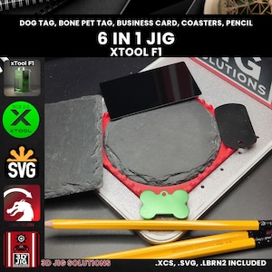 Gabarit laser xTool F1 | Cartes de visite en métal, médaille militaire, médaille en forme d'os pour animal de compagnie, sous-verres ronds et carrés en ardoise, crayons hexagonaux | Gravure 6 en 1