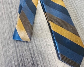 Vintage 1960's Skinny Tie - blue, brown and gold vertical stripe