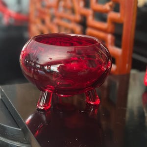 Vintage Viking Glass Ruby Red Footed Bowl | Mid Century Modern 3-Foot Collectible Glass Bowl