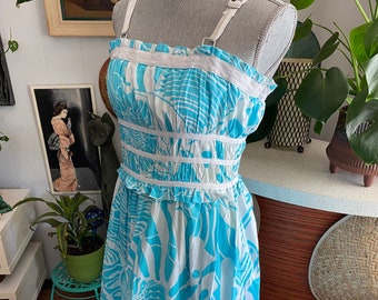 Vintage 1980&#39;s Cotton Hawaiian Sun Dress - turquoise and white - Size M