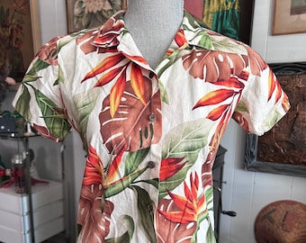 Retro Ladies Cotton Hawaiian Shirt, Size S-M Orange and Green Print