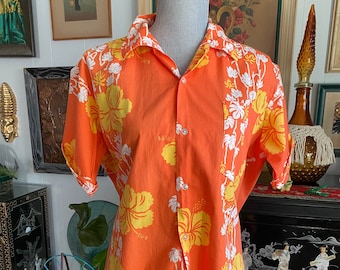 Men's Vintage Orange, Yellow & White Hawaiian Shirt - Cotton - Size M/L