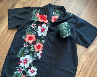 Sale Men's Retro Hawaiian Shirt in Black and Red - Hibiscus Print - Size L
