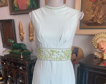 Sale - Vintage 60's Slim fitted Mint Green Crepe Dress with Beaded and Rhinestone Encrusted Belt - Size S