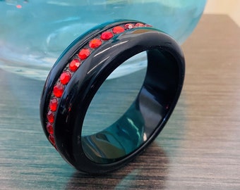 Vintage Chunky Black Lucite Bangle with Red Rhinestones