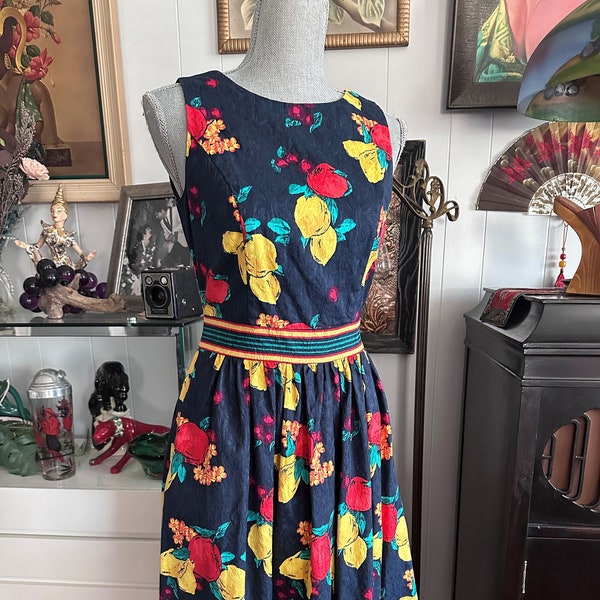 Fun Retro Fruit Salad Stretch Cotton Dress - Size M