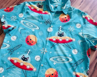 Retro Atomic Space Cat Shirt  in Turquoise - Size XL