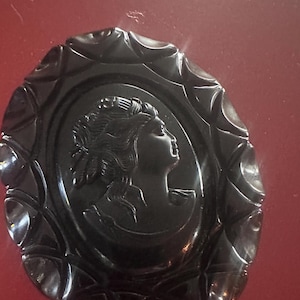 Vintage Black Bakelite Carved Mourning Brooch with Cameo - 1930s-40s Gothic Jewelry