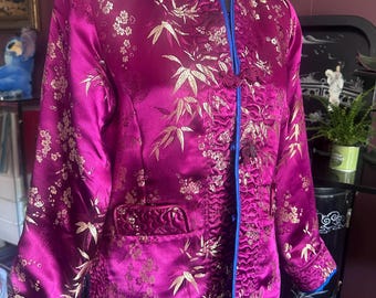 Vintage omkeerbaar jasje in Aziatische stijl uit de jaren 80 – koningsblauw en fuchsia – geborduurde gouden bamboe – bloemen – rayonmix – maat M