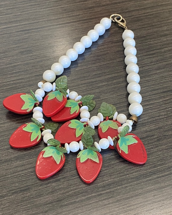 Vintage Lucite Strawberries Beaded Necklace - 1960