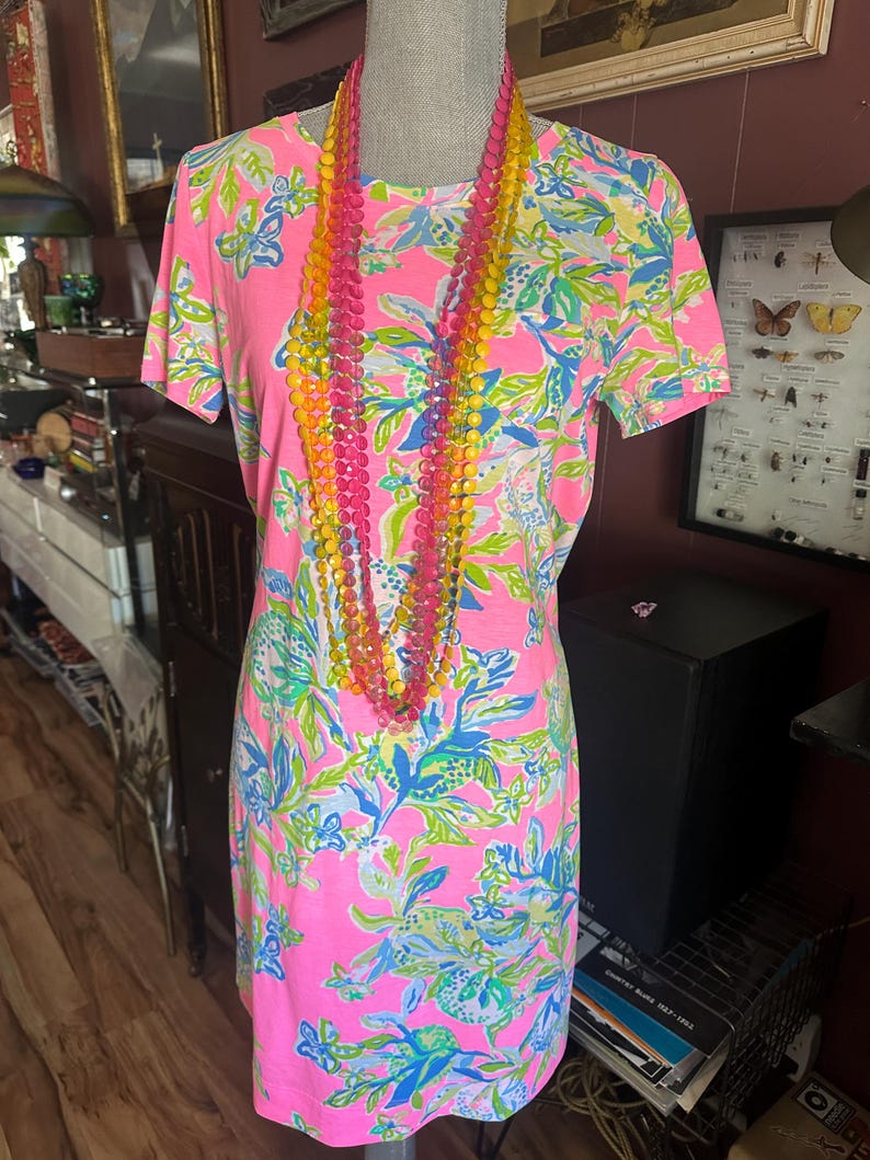 Pode incluir: Um vestido rosa de manga curta com um padr&atilde;o floral em azul, verde e branco. Um colar de contas multicolorido em tons de rosa, amarelo e laranja pende sobre o vestido. O vestido &eacute; exibido em um manequim.