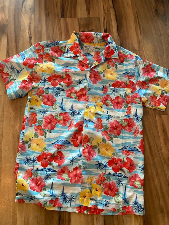 Men's Retro Hawaiian Shirt with Hibiscus and Sail… - image 1