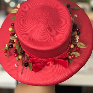 Bullocks of Pasadena 50&#39;s - 60&#39;s Era Red Summer Hat with Cherries - Size S-M