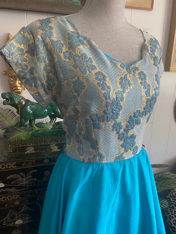 Vintage 60's Cocktail Party Dress  in Turquoise -… - image 4