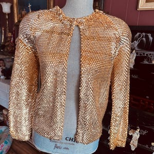 Vintage 1950s Gold Sequin Cardigan | Iridescent Sparkle | Hand-Beaded in Hong Kong Era