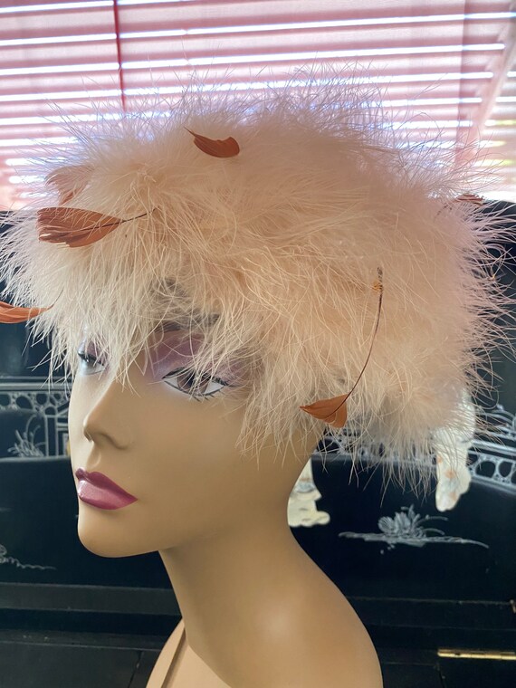 Vintage Baby Pink Marabou Feather Hat with brown … - image 2